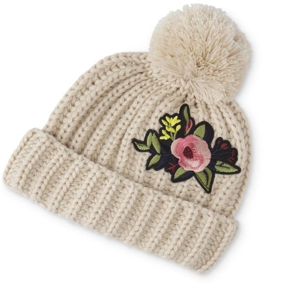 ✨$7 SALE PRICE ✨ New Girl Beige Floral Knit Pompom Beanie Winter Hat Cap - Picture 1 of 5